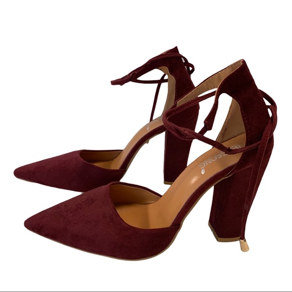 Hengsong Shoes - Hengsong Burgundy Ankle Wrap Block Heel
